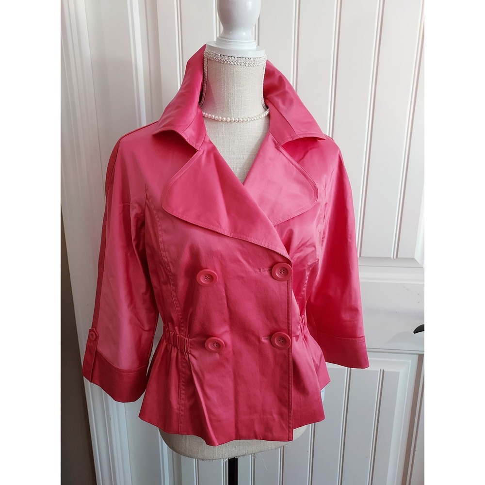 Teri Jon Peplum Jacket Womens 6 Pink Satin Double Breasted 3/4 Sleeve Cropped - Picture 4 of 10